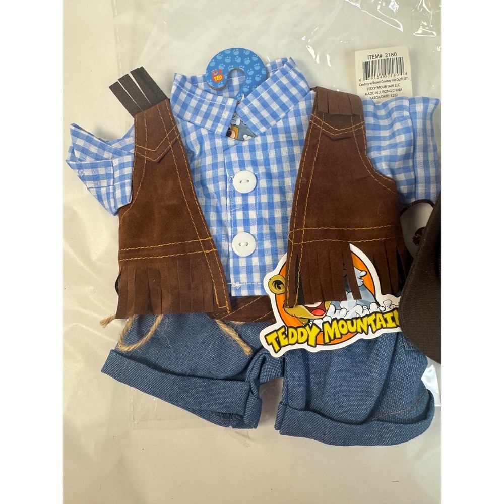 Teddy Mountain 8" Cowboy Plush Outfit Blue Gingham Shirt Brown Vest Hat 2180 - Picture 2 of 12